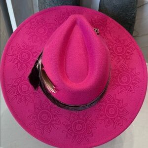 Burned fedora / cowboy hat Vibrant Pink with one of kind velvet and feather band